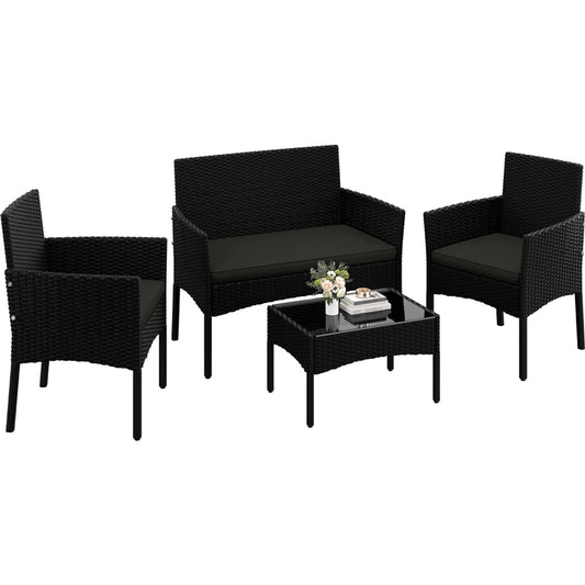 Yaheetech Garten-Set Lounge-Set 4-teilig - 100 x 59,5 x 83,5 cm - Ausgestattet mit handgeflochtenem PE-Rattan und Glastischplatte und waschbaren Kissen - Für Garten und Balkon - Schwarzes Polyethylen und Metall