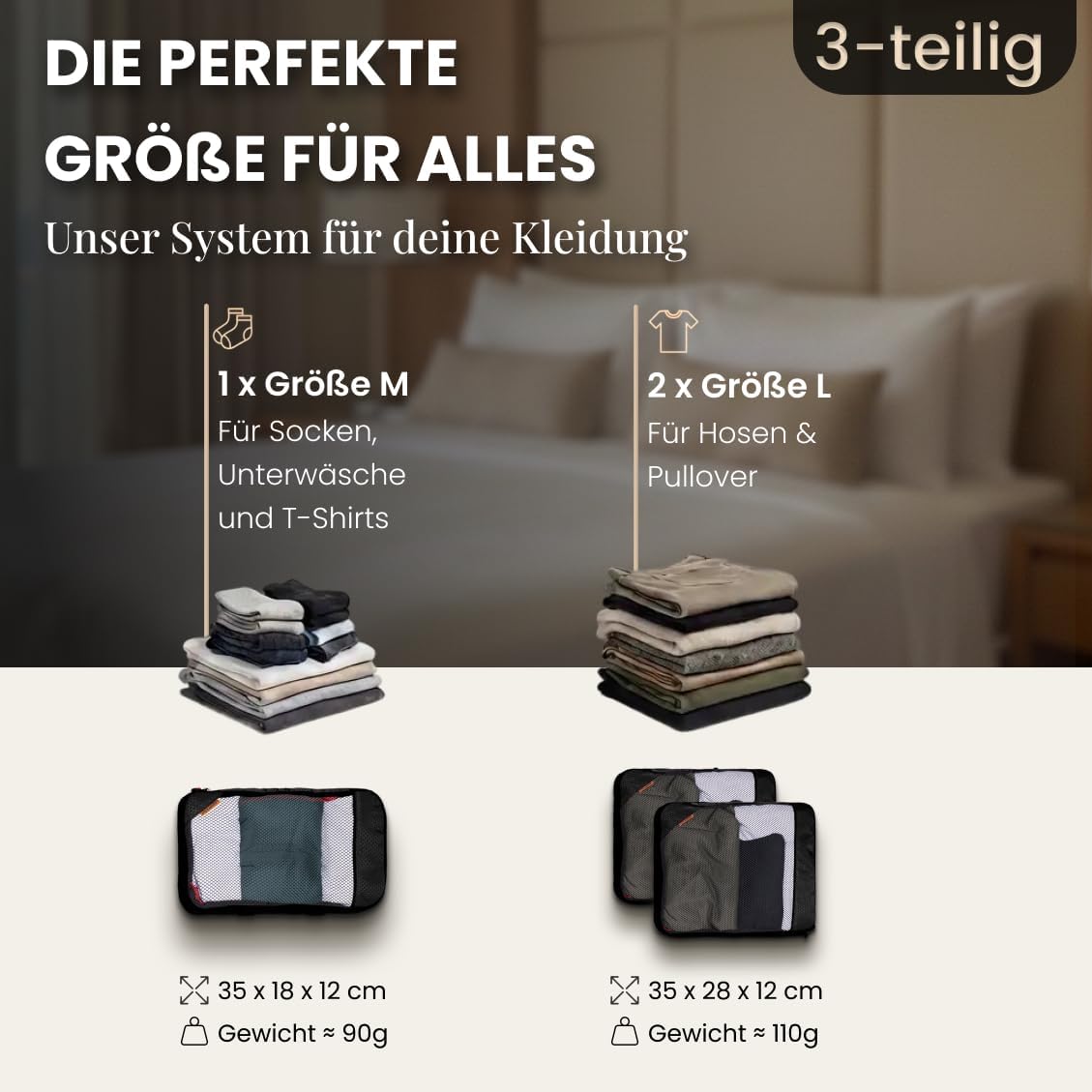 LOONARA Travel Kompressions-Packwürfel, 3er-Set – Koffer-Organizer – Kompression – recyceltes Material