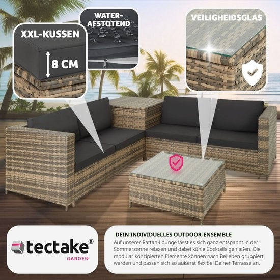 Tectake - Wicker Lounge Set Siena (4 Personen) - Modular, Aufbewahrungsbox, extra dicke Kissen, UV- und wetterbeständig, Stahlrahmen - Natur/Dunkelgrau