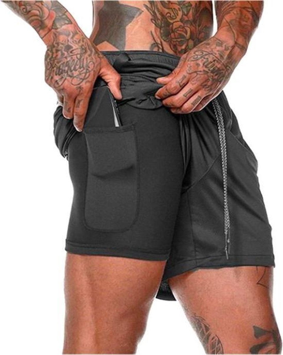 MWÂ® - Sporthosen für Männer - Fitnesshosen - Laufhosen - Sportbekleidung - 2 in 1 Shorts - (Schwarz - L)