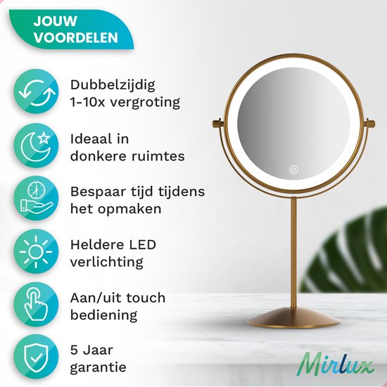 Mirlux Make-up-Spiegel mit LED-Beleuchtung - 10x Vergrößerung Licht - Rasierspiegel klein auf Fuß - 3 Lichtstufen - wiederaufladbar - Vergrößerungsspiegel Gold