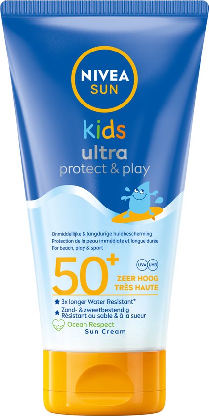 NIVEA SUN Kids Ultra Sonnencreme LSF 50 für Kinder – LSF 50+ – Sehr wasserfest – Sonnencreme für Gesicht und Körper – 150 ml