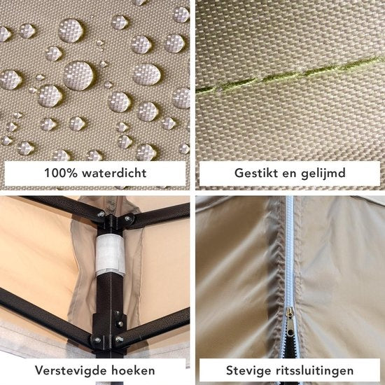 LifeGoods Partyzelt - Pavillon - 3x3 m - mit Seitenwänden - leicht aufbaubar - faltbar - wasserdicht - Tragetasche mit Rädern - Beige