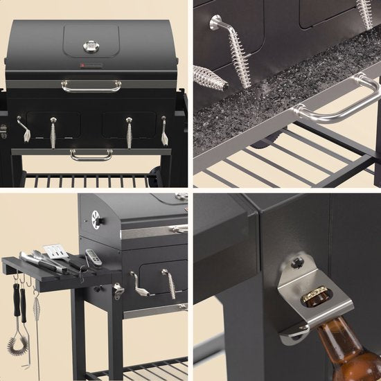 KitchenBrothers Holzkohle-Grill XL – Dual-Zone-Räuchergrill – Mit verstellbaren Kohlerosten und klappbaren Seitentischen – PFAS-frei – Grillfläche 42,3 x 75,8 cm – Schwarz