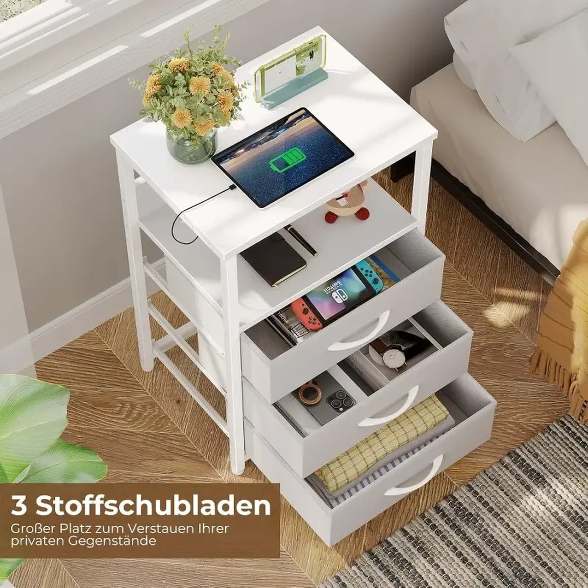 Seventable Beistelltisch mit Stoffschubladen – integrierte Steckdose und Beleuchtung – Mattweiß