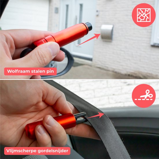 Nuvance - Sicherheitshammer - Notfallhammer - inkl. Klebehalter und Prüfglas - Rettungshammer - Gurtschneider - Autohammer - Sicher unterwegs - Rot