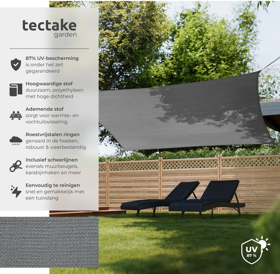 tectake® Rechteckiges Schattennetz „Sunny“ – 4 x 6 m - Besonders robustes 185 g/m² HDPE-Sonnenschutzgewebe – UV-Schutz 50+ – Wetterbeständig und reißfest – Sonnenschutz für Garten, Balkon, Terrasse – Sonnenschutzgewebe inklusive Befestigungsmaterial – Gra