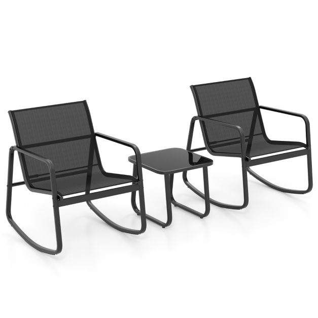 Coast 3-teiliges Schaukelset Balkonset mit 2 Stühlen - 72x61x80 cm - Tisch - 44x44x40 cm - Schwarz - Gartenmöbelset mit sanfter Schaukelbewegung