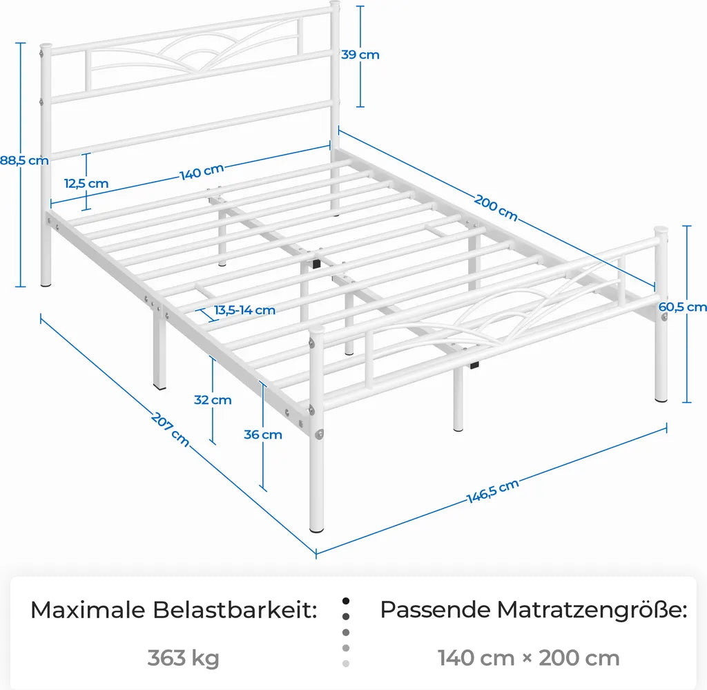 Yaheetech Bettrahmen 140 × 200 cm - Weißes Metall - Mit Wolkenmuster Kopf- und Fußteil und 32 cm Stauraum