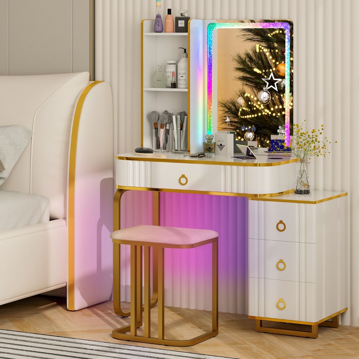 coast Schminktisch-Set mit Spiegel 80×40×137 cm - Weiß - LED mit 7 dynamischen & 7 statischen Modi - Kabellose Ladestation & USB/Type-C - Inklusive Hocker