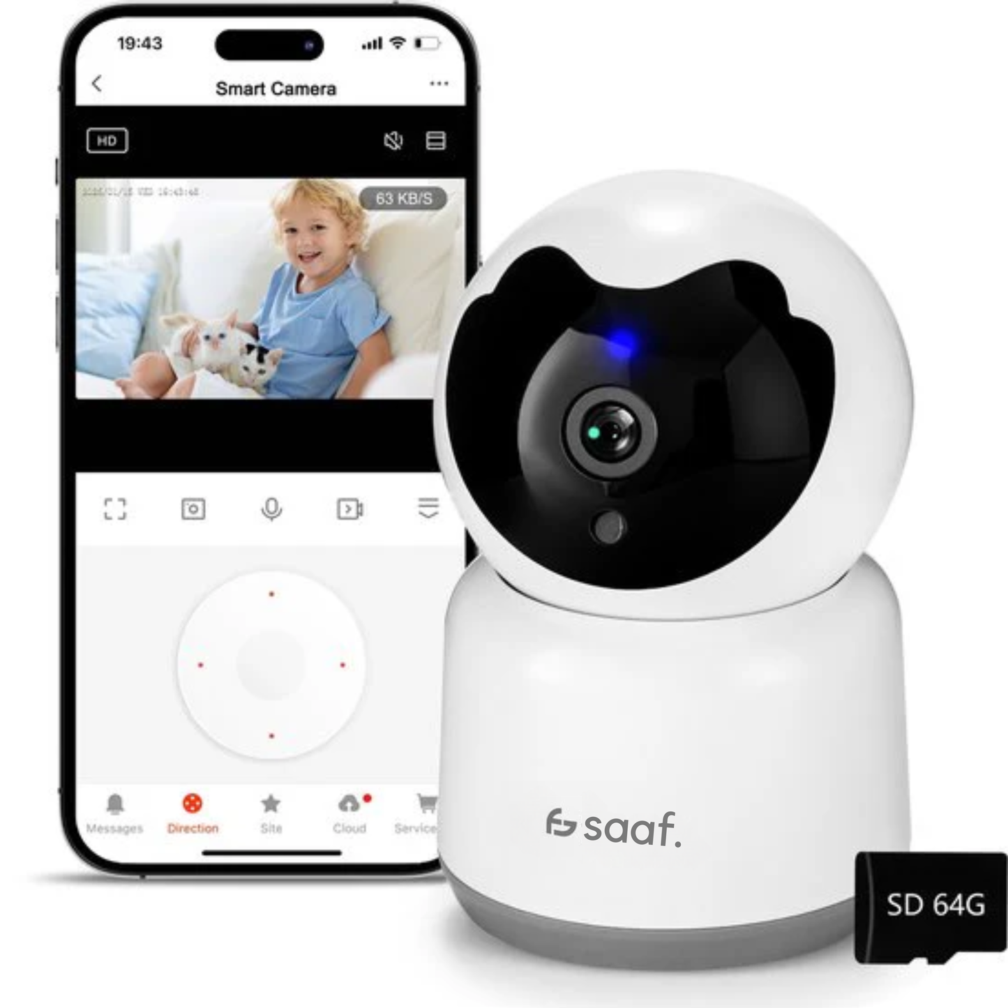 SAAF Sicherheitskamera - Für Innenräume - Mit Nachtsicht - Wifi und 64GB SD - Full HD - Tuya Smart - Weiß