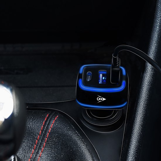 Dunlop Car Charger USB - 2x USB-A und USB-C Anschluss - Power Delivery/ Fast Charge 18W - Anschluss an Zigarettenanzünder Auto - Kunststoff - Schwarz