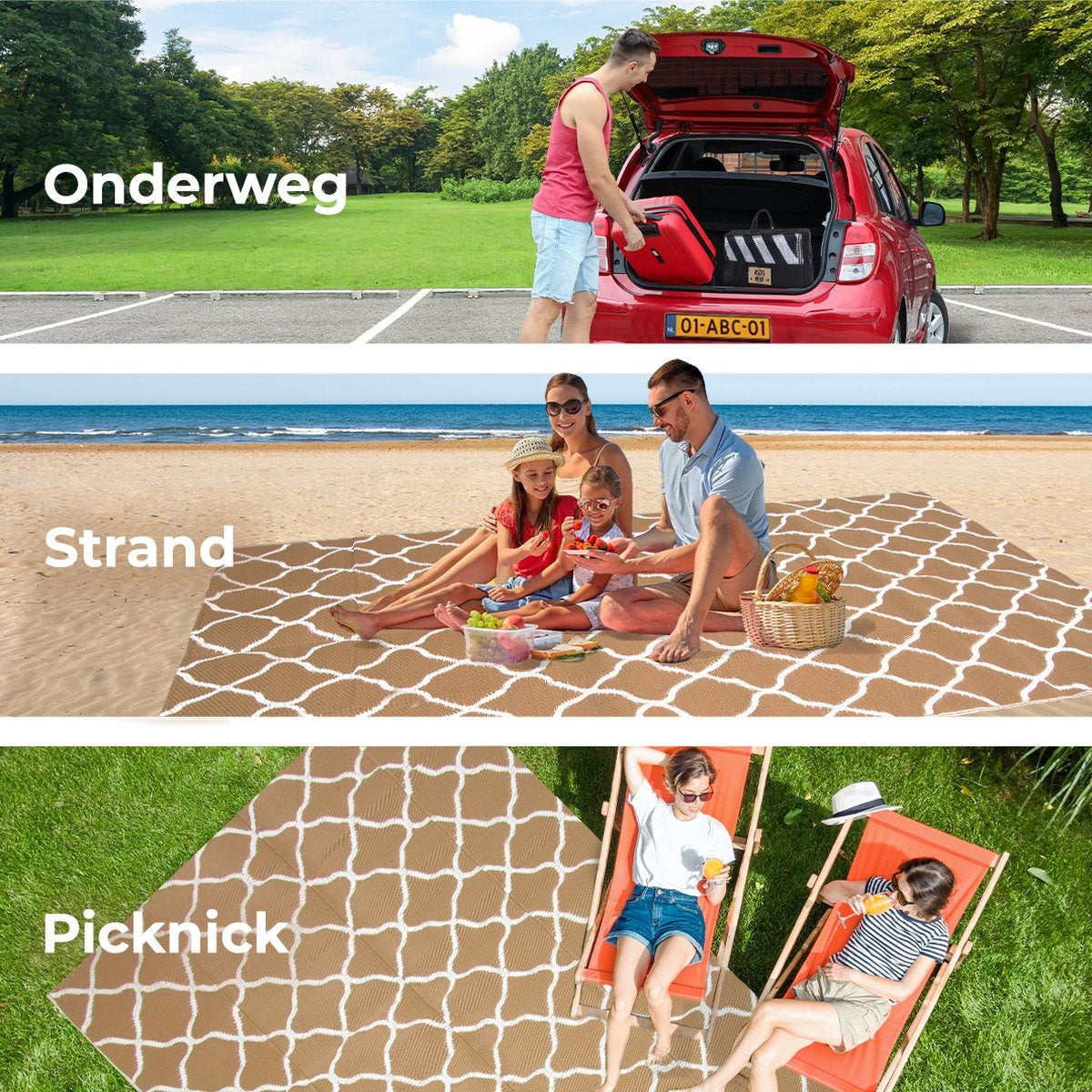 LifeGoods Outdoor Teppich - 183x290CM - Gartenteppich - Reversibel - Inkl. Tragetasche - Mit Muster - Beige/Weiß