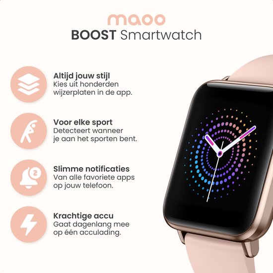 MAOO BOOST Smartwatch - Inkl. Bildschirmschutz - Wasserdicht - Smartwatch Damen Rose Gold - Schrittzähler - Uhr - Pink