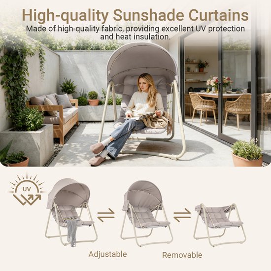 SoBuy OGS62-MI Schaukelstuhl mit verstellbarem Sonnenschirm – Für drinnen und draußen – Hängematte und Gartenstuhl für den Außenbereich – beige, 108 x 126 x 163 cm