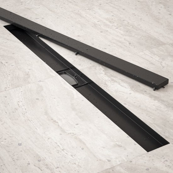 Duschrinne – 90 cm – Mattschwarz – Fliesengitter – Edelstahl – Mit Flansch