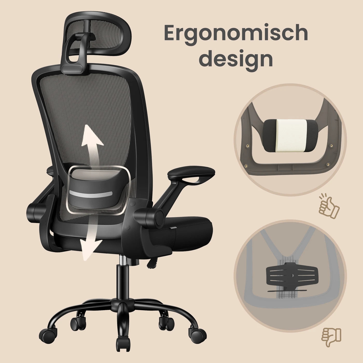 Joyfurnos Ergonomischer Bürostuhl aus Netzgewebe – Verstellbare Lendenwirbelstütze und Kopfstütze – Neigungsfunktion – 64 x 64 x 115–130 cm – Tiefschwarz