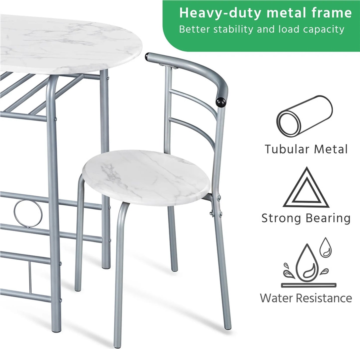 Yaheetech Esstisch 3-teilig - mit Stauraum unter der Tischplatte und zwei Stühlen mit Rückenlehne und platzsparendem Design - für Küche und Balkon - weißes Mdf und Metall - 90 x 53 x 75,5 cm