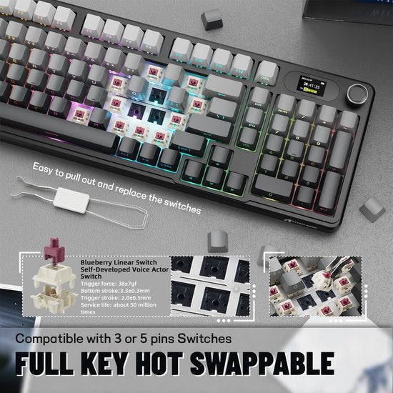 ATTACK SHARK X98PRO - Kabellose mechanische Gaming-Tastatur - seitlich bedruckte PBT-Tastenkappen - TFT-Bildschirm - Multifunktions-Drehknopf - Wired/2.4G/Bluetooth Tri-Mode - Gasket Mod - 98 Tasten - Moonlit Night