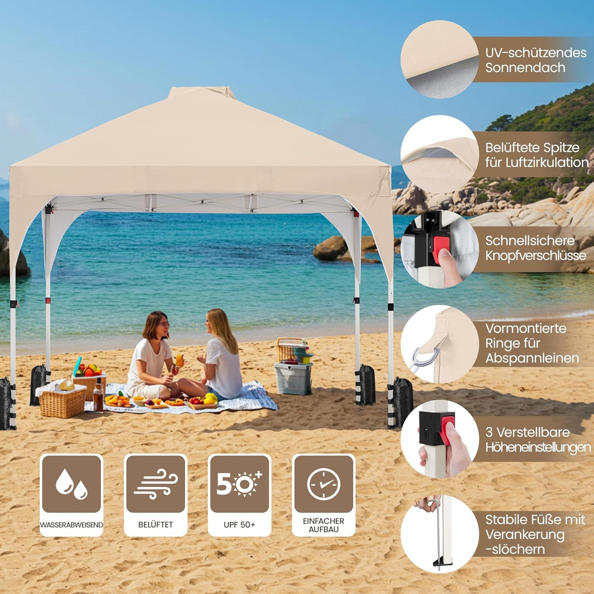 Yaheetech Faltpavillon 3 x 3 m – Wasserabweisend, höhenverstellbar – BeigeYaheetech Faltpavillon 3 x 3 m – Wasserabweisend, höhenverstellbar – Beige