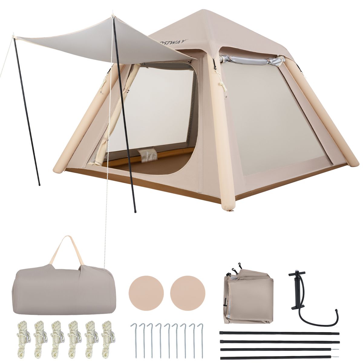 Coast aufblasbares Kuppelzelt – Schnell aufzubauen – Mit abnehmbarem Vordach – Khaki 230 x 230 x 163 cm