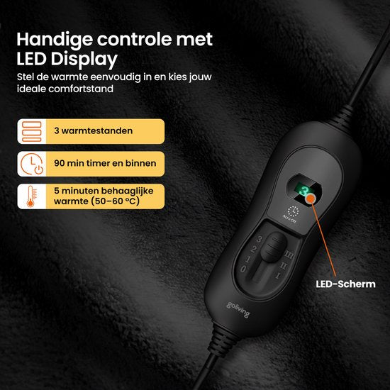 Goliving Heizdecke für Rücken und Nacken - Elektrische Heizdecke - 3 Wärmestufen - Timerfunktion - Maschinenwaschbar - 100 W - 60 x 90 cm - Mikroplüsch - Schwarz