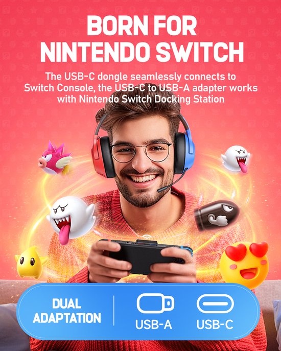 Kofire × CINPUSEN CG-01 – Kabelloses Gaming-Headset – Over-Ear-Kopfhörer – Mit Mikrofon – PC/PS4/PS5/Nintendo Switch – Blau-Rot