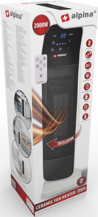 alpina Elektroheizgerät - Keramik-Heizlüfter - auch zum Kühlen - Timer - Fernbedienung - Schwenkfunktion - 2000W - Schwarz-Weiß