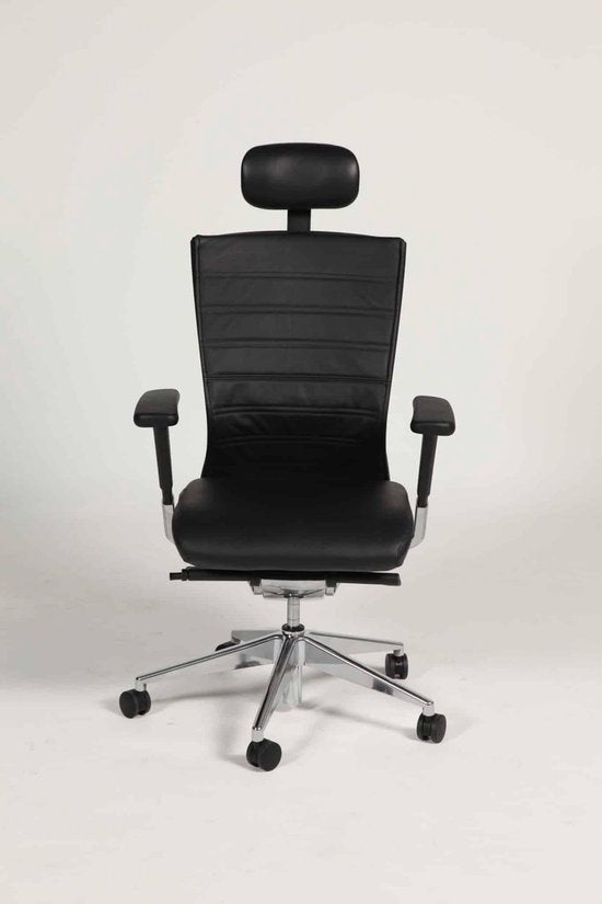 Bürostuhl – 105, verchromtes Gestell, Sitzfläche und Rückenlehne aus Leder, schwarz/schwarz, Kopfstütze