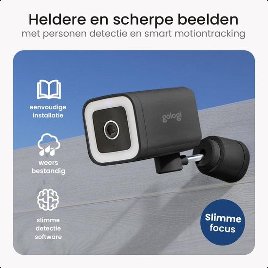 Gologi - Premium Überwachungskamera - Außen - mit Nachtsicht - 4MP - IP Kamera - Bewegungssensor - mit Kabel & Wifi - Schwarz