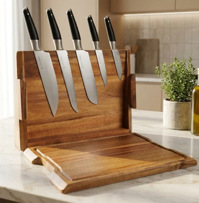 CookingTotem DuoBlock 2-in-1-Messerblock und Schneidebrett – Kompaktes Design – Exklusive Messer