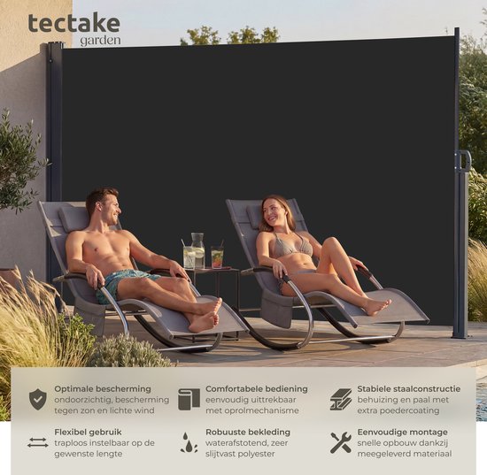 tectake® Ausziehbarer Windschutz mit Aufrollmechanismus – 300 x 200 cm – Seitenmarkise mit Aluminiumrahmen – Sonnenschutz – Gartenschutz – Schwarzer Balkon-Sonnenschutz – Undurchsichtiger Sichtschutz – Markisentuch