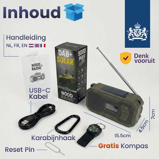 Solarbetriebenes Notradio mit Handaufzug – DAB+ / FM-Notradio – 5000 mAh Powerbank mit Solarenergie – Baustellenradio – Badezimmerradio – Notfallpaket