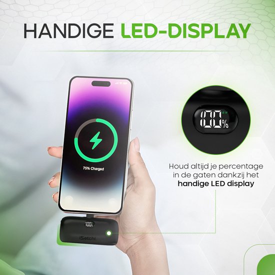 iSetchi Mini Powerbank 5000 mah - Kompakte Größe - Externer Akku - Integriertes Kabel - Notfallpaket - Lightning Kabel - LED Anzeige - Geeignet für iPhone - Schwarz