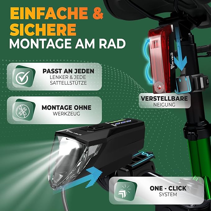 MIVELO Fahrradlicht-Set - USB aufladbar & wasserdicht - 70 Lux - Schwarz