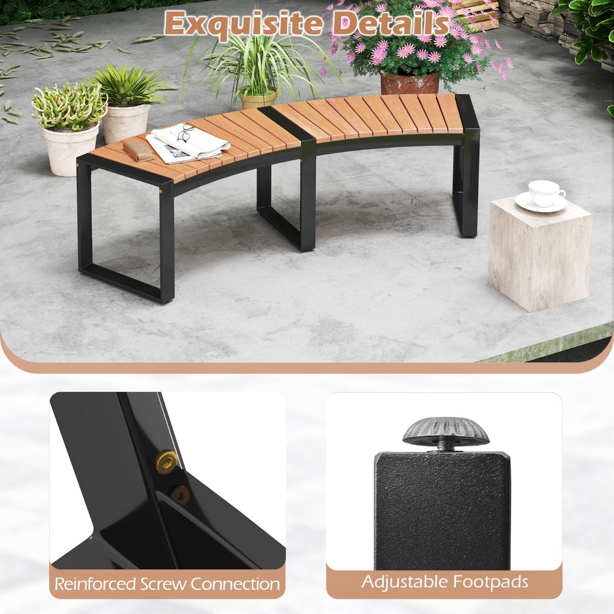 Coast Terrassenbank aus gebogenem Akazienholz – Sitzbank für 2 Personen – 146 x 58 x 45 cm – Gelb/Schwarz