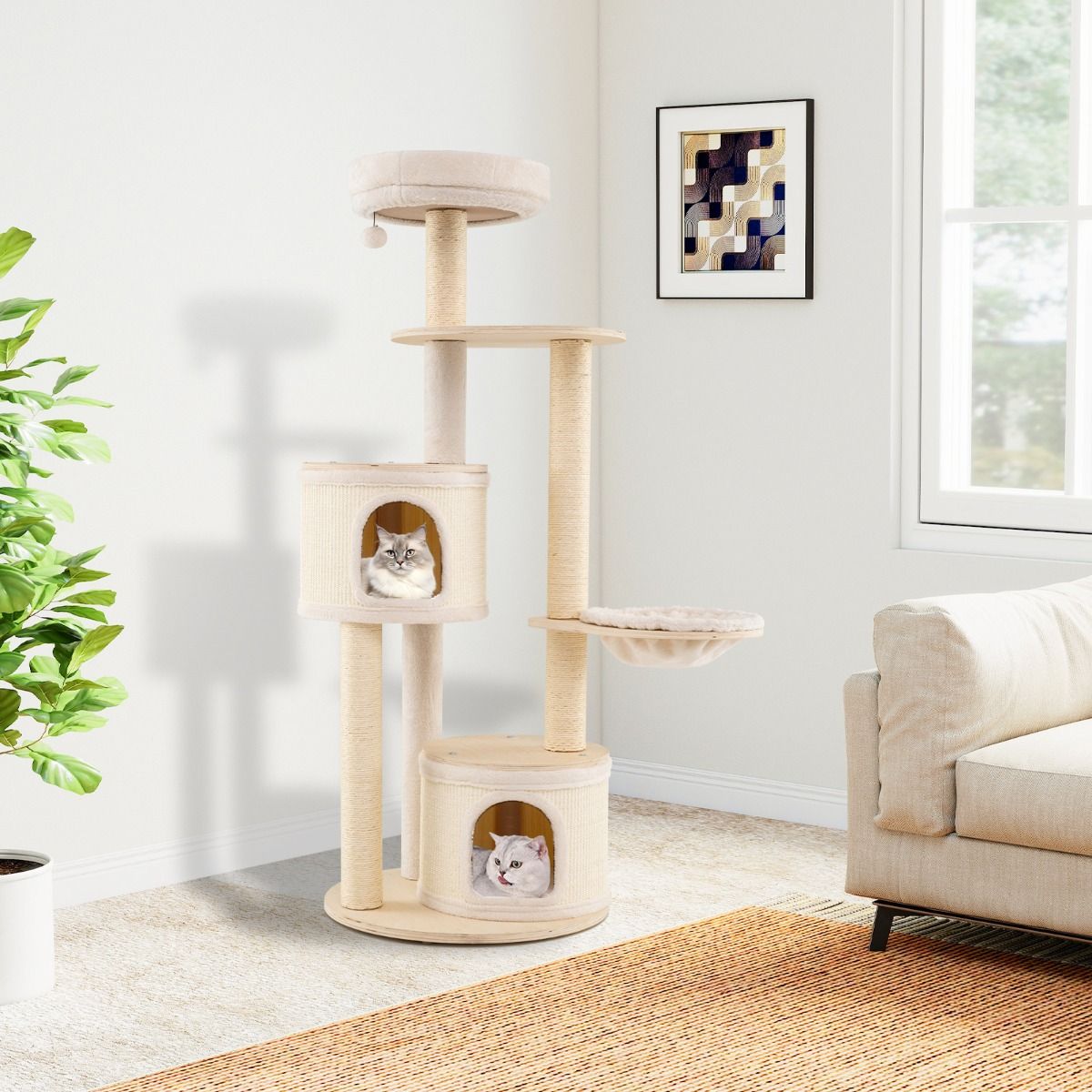 Coast Kratzbaum für Katzen – 2 Katzenhäuschen – Korb und Spielball – 152 cm – naturfarben