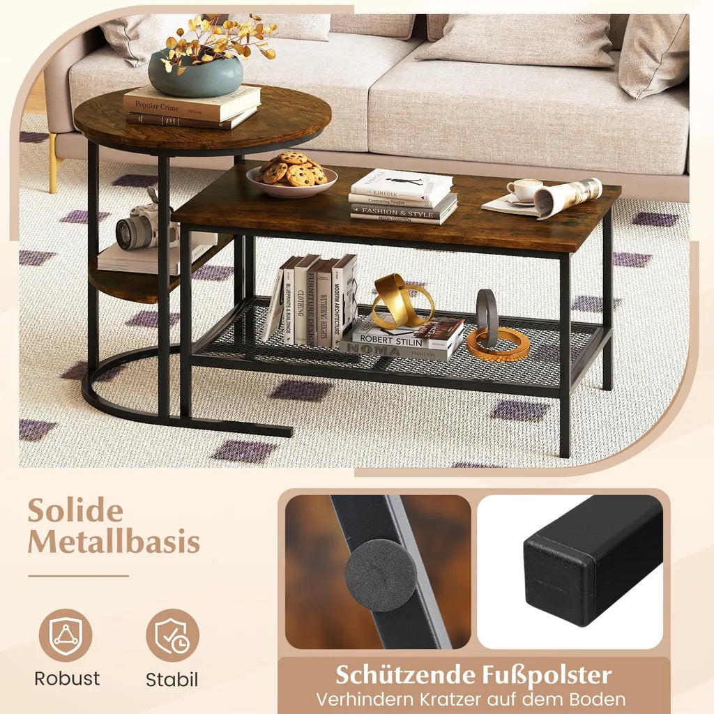 Coast Couchtisch 2er-Set - Ovaler und runder Beistelltisch mit Metallgestell - Braun