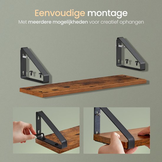 O'DADDY® Schweberegale - Wandregal - Vintage Design - Wandregal - Holzregale für die Wand - Bücherregal - Wandregale & Racks - 3 Stück - Braunes Holz - Schwarzes Metall