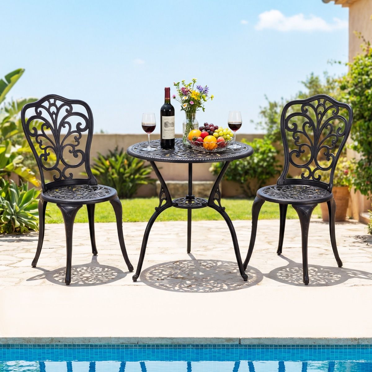 Coast 3-teiliges Bistro-Set – Aluminiumguss – Sonnenschirmloch – Rückenlehnen in Schmetterlingsform – schwarz