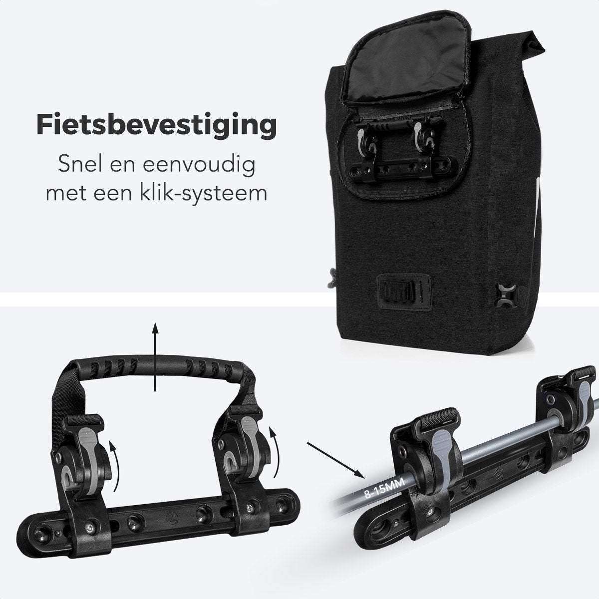LifeGoods Single Bicycle Bag - Kompakt - Umhängetasche und Rucksack - 25L - Runder Gepäckträger - Wasserdicht - Schwarz