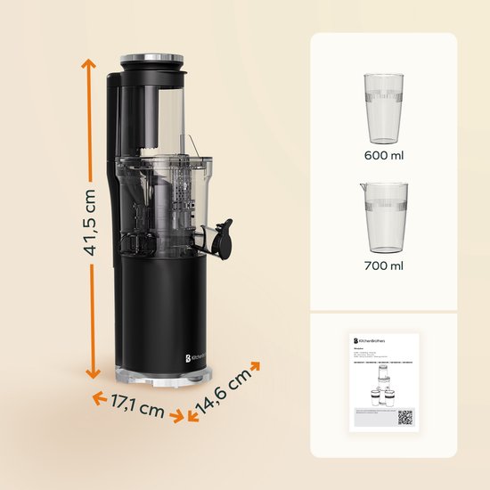 KitchenBrothers Slowjuicer - Vertikal - Gemüse- und Obstpresse - 80 mm - 750 ml - Schwarz
