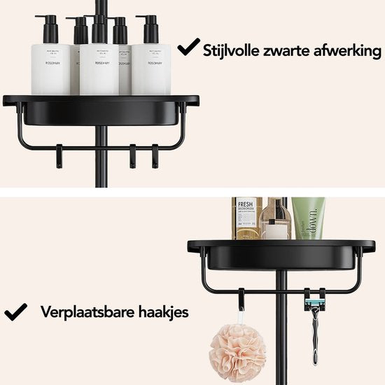 Brixy Duschregal - Teleskopisch - 85-305 cm - Kein Bohren - Boden bis zur Decke - 4 Ablagen - 3 Haken - Schwarz