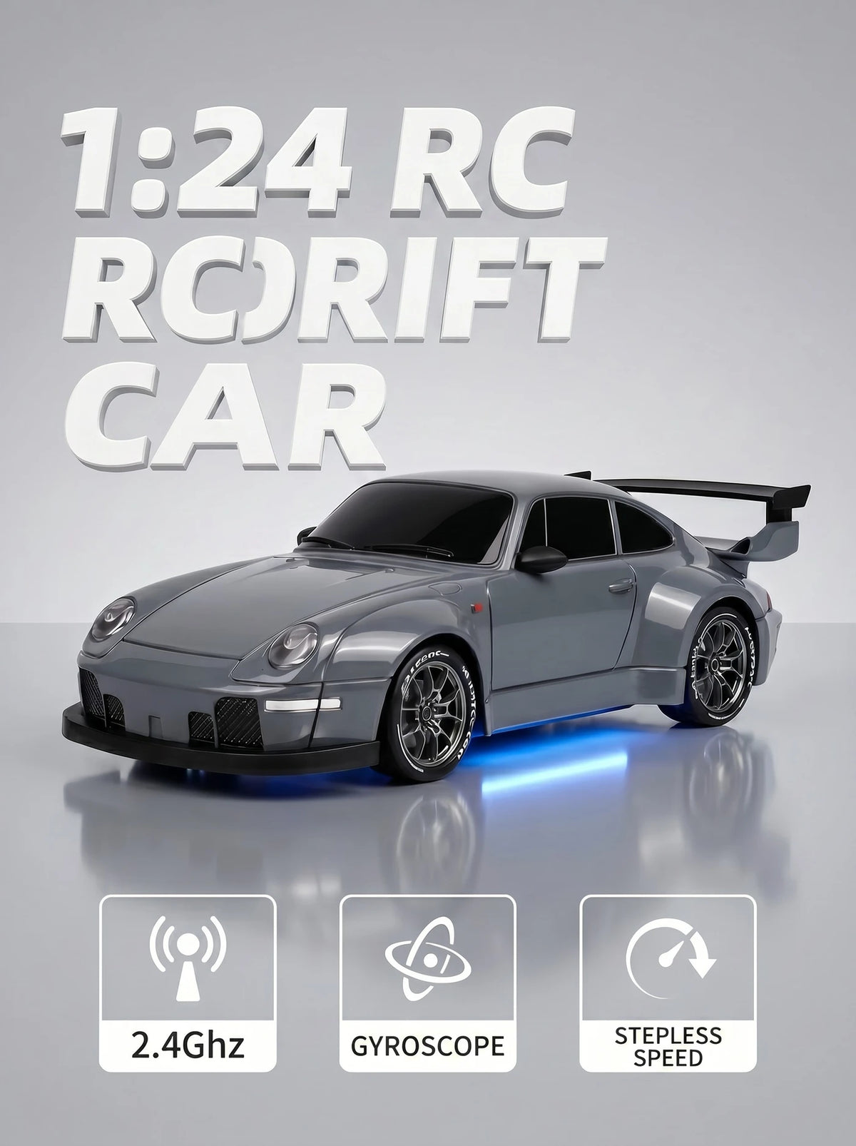 S814 RC-Drift-Auto 1:24 – Allradantrieb mit Gyrostabilisator – LED-Beleuchtung & zwei Reifensätze – Grau