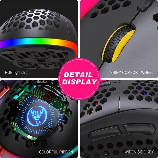 HXSJ T90 2.4G Wireless Gaming Mouse - Bluetooth - Computermäuse - Ultraleicht - RGB-Beleuchtung - Schwarz