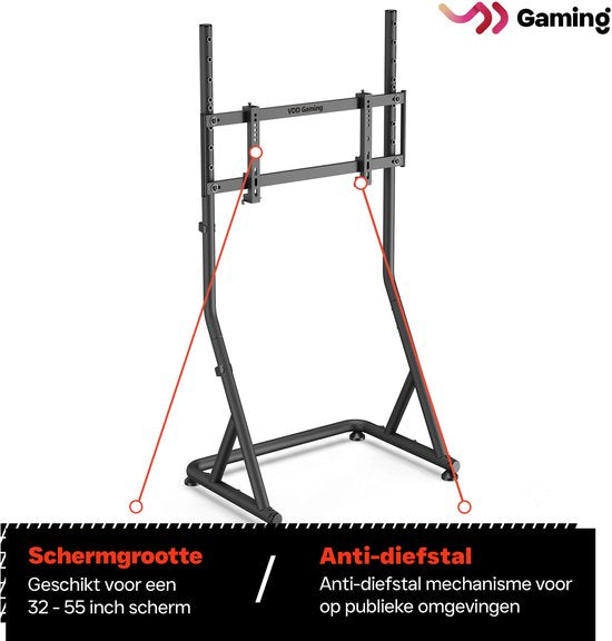 VDD Gaming – Monitorständer – Monitorständer für Sim-Racing – Universal – 32" bis 55" – Freistehend – Verstellbar – Arretierbar – 72 x 48 x 123 cm – 50 kg – Schwarz