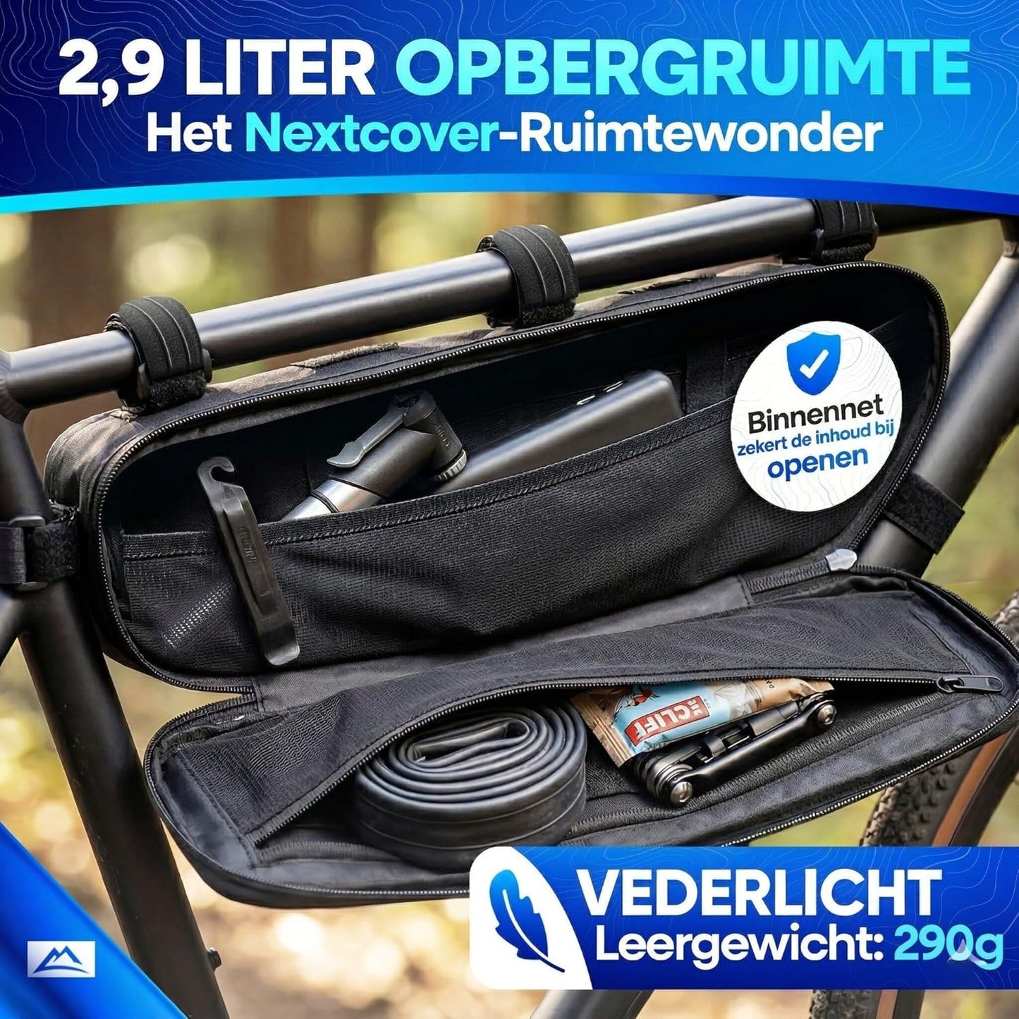 Nextcover Bikepacking-Rahmentasche – 38 cm – Schwarz – 3 Liter – 100 % wasserdichtes TPU – Fahrrad-Rahmentasche für Gravelbike, Rennrad und MTB