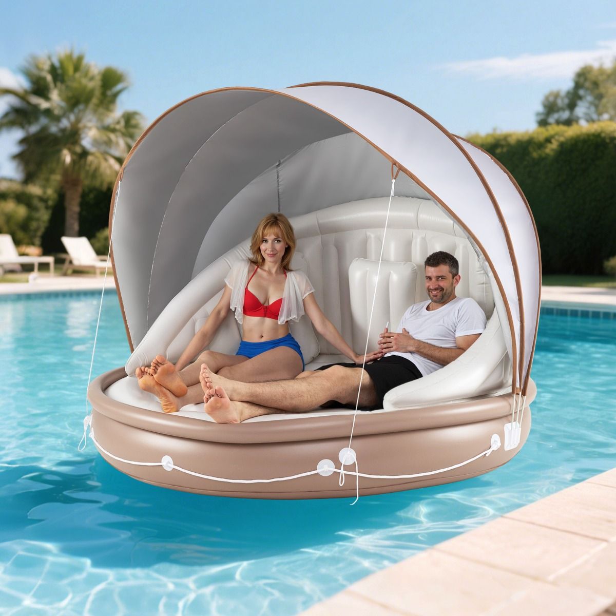 Coast Aufblasbare Schwimminsel 2-Sitzer mit Vordach - 186 x 186 x 155 cm, Weiß/Braun/Silber, Tragkraft 180 kg