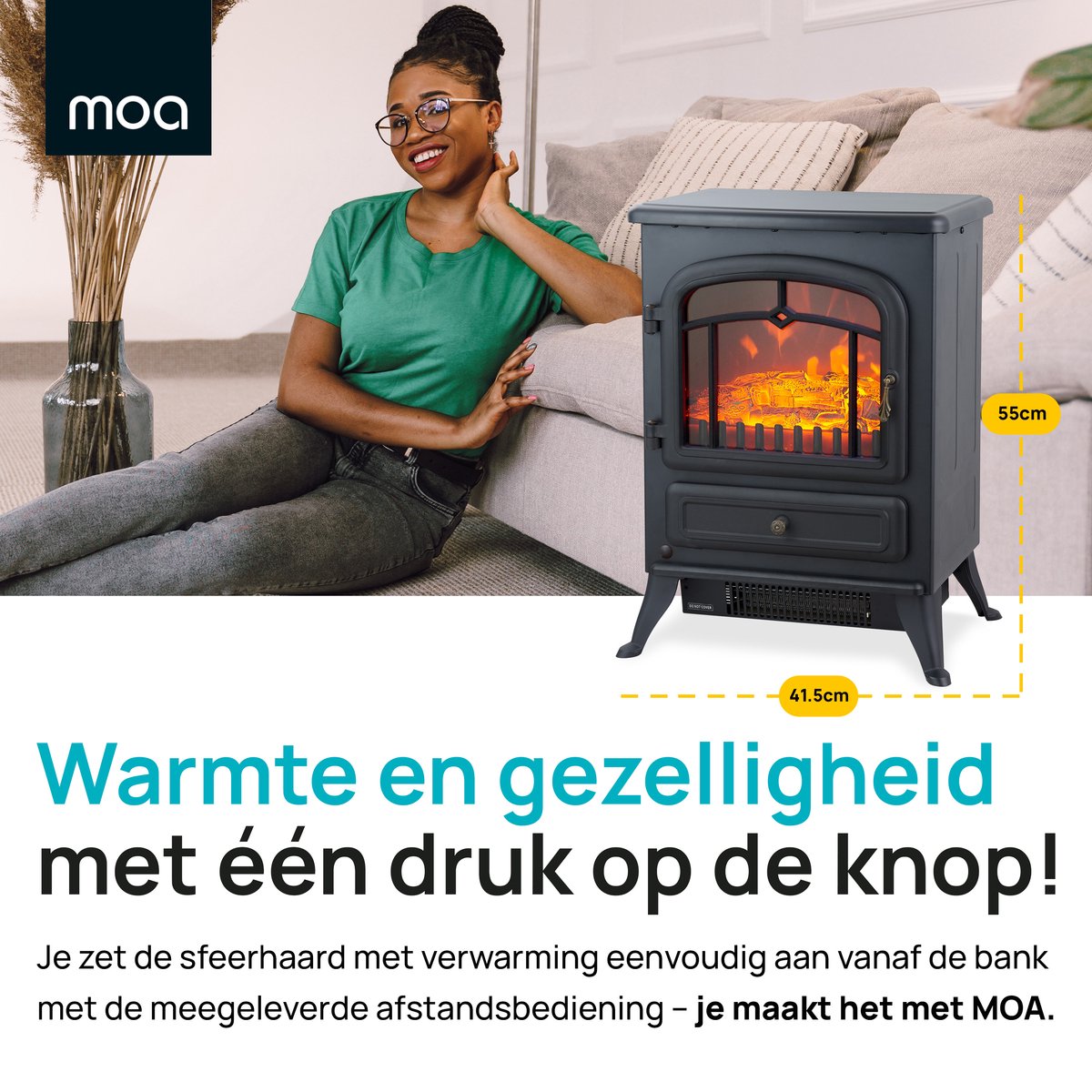 MOA Elektrischer Atmosphären-Kamin - Freistehend - 1800W - Realistischer Flammeneffekt - Kamin - Schwarz