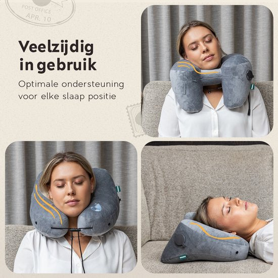 TRAVARA Aufblasbares Nackenkissen – The Airsnoozer – Reisekissen – Für Flugzeug und Auto – Mit Ohrstöpseln – Nackenkissen – Grau